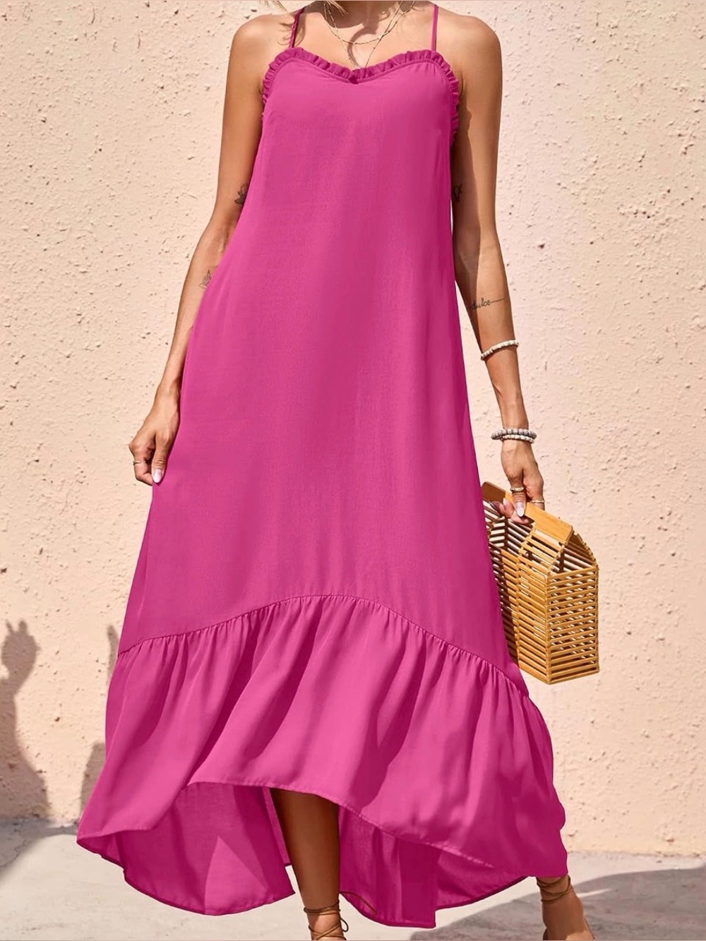 Bright Pink Ruffled Maxi Slip Dress